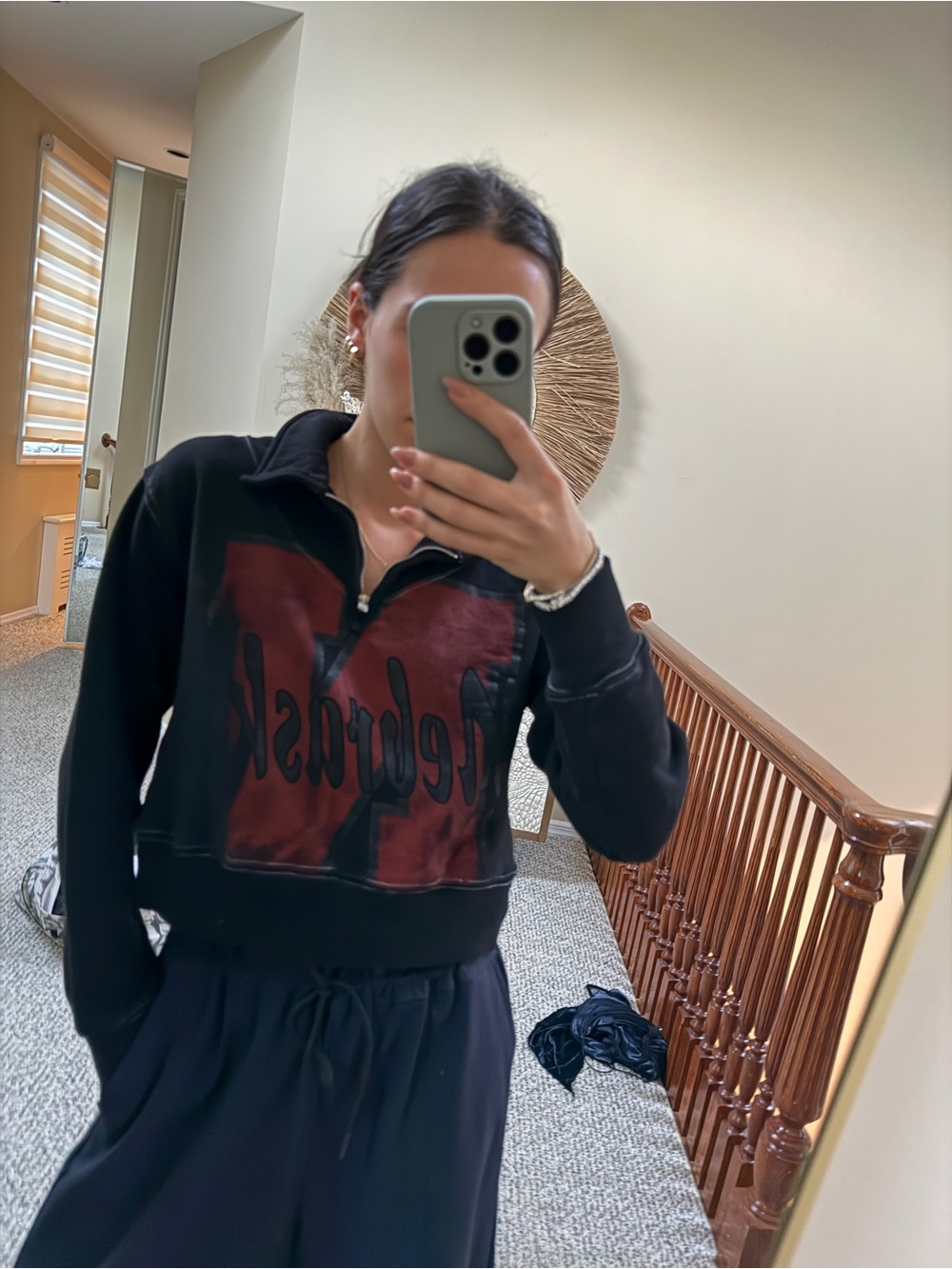 Re/Done Black & Burgundy Half-Zip Sweatshirt
